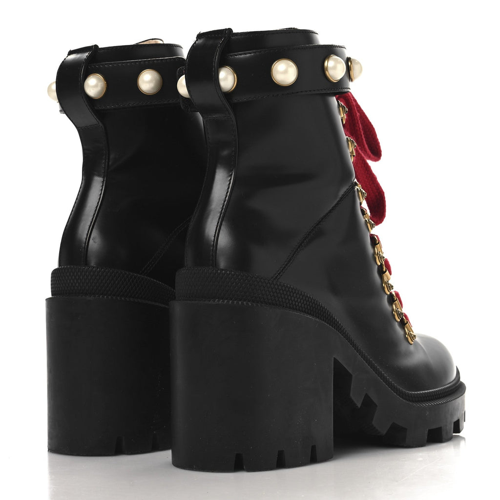 MAGNUM CALFSKIN PEARL LACE UP COMBAT ANKLE BOOTS BLACK