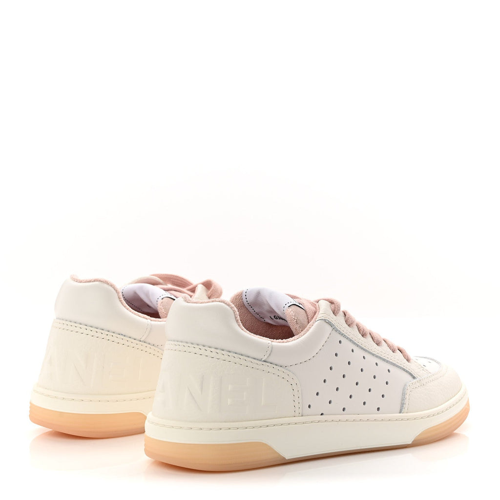 GRAINED CALFSKIN FABRIC WOMENS LOGO SNEAKERS WHITE LIGHT PINK