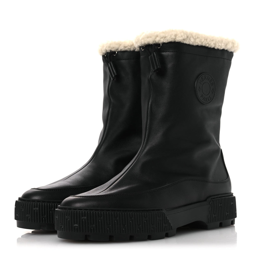 CALFSKIN SHEARLING WOMENS JOURNEY ANKLE BOOTS BLACK ECRU