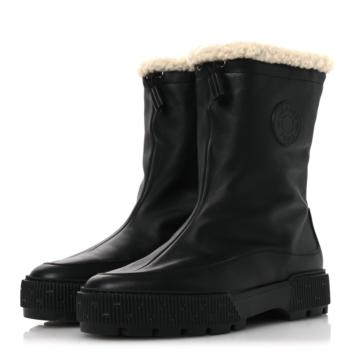 CALFSKIN SHEARLING WOMENS JOURNEY ANKLE BOOTS BLACK ECRU
