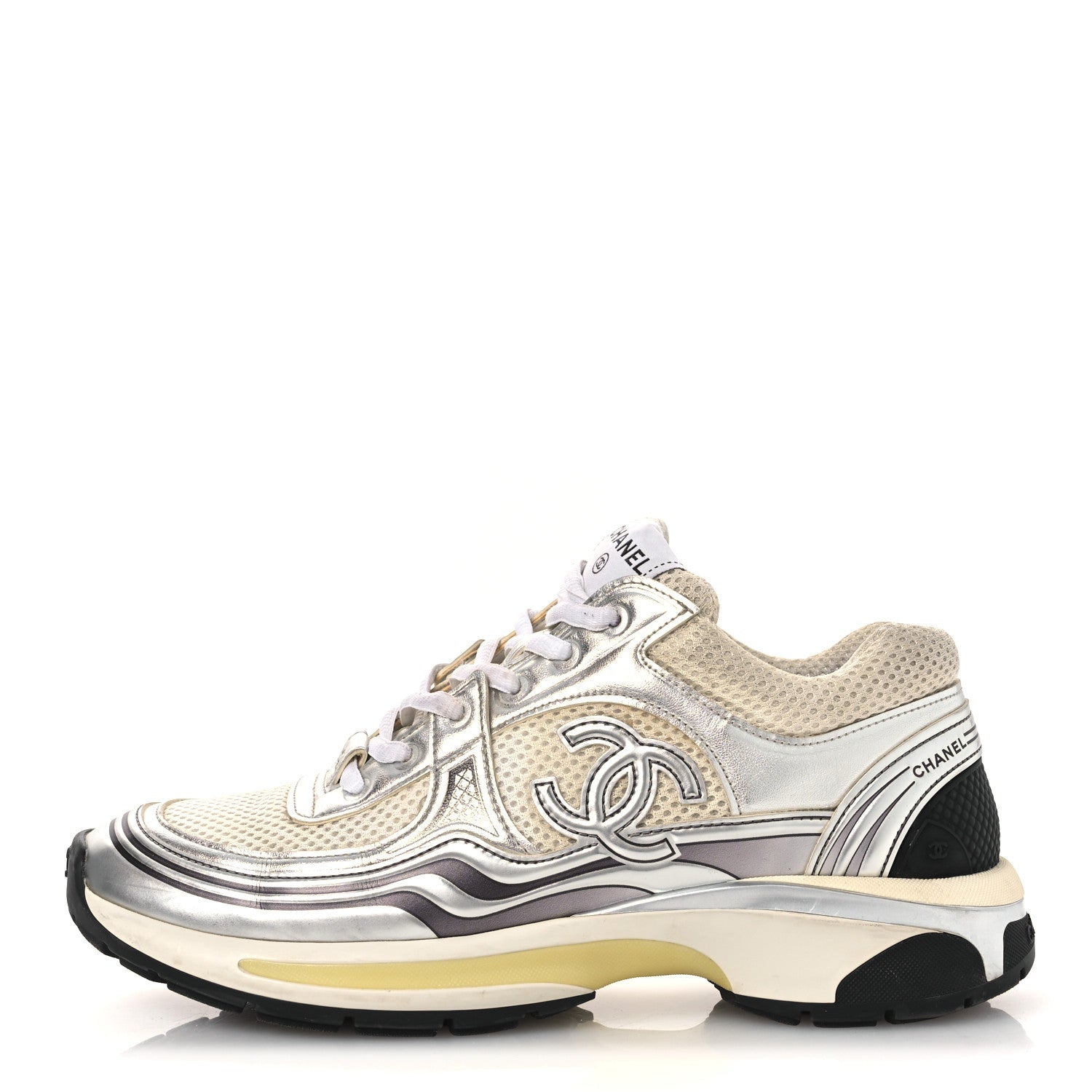 FABRIC LAMINATED CALFSKIN STRETCH CC WOMENS SNEAKERS WHITE GOLD SILVER