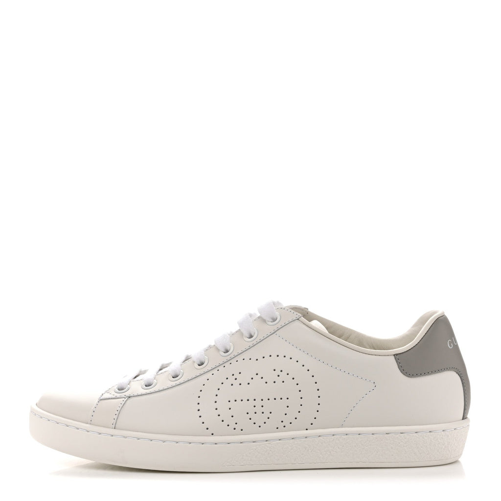 CALFSKIN INTERLOCKING G PERFORATED WOMENS ACE SNEAKERS WHITE GREY SKY