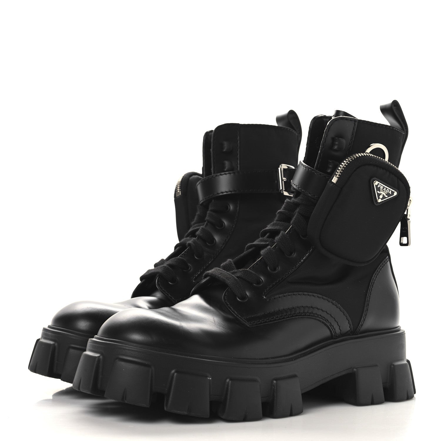 SPAZZOLATO ROIS RE-NYLON METAL TRIANGLE LOGO MONOLITH POUCH POCKET 55MM BOOTS BLACK