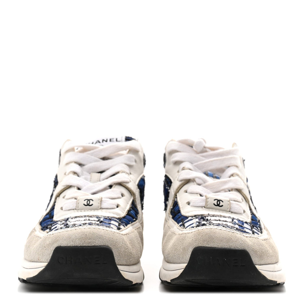 TWEED SUEDE CALFSKIN WOMENS CC SNEAKERS DARK BLUE BLACK GREY WHITE