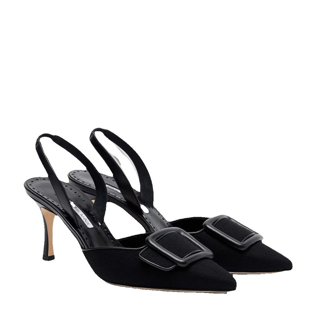 Manolo Blahnik Mayslibi 70 Buckled Leather-Trimmed Velvet Slingback Pumps - Black