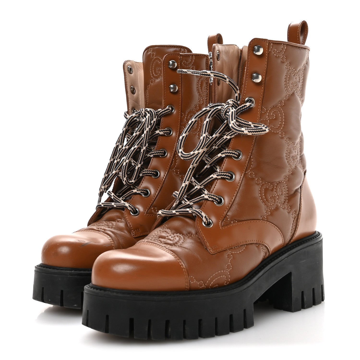 CORDOVAN LUX NAPPA GG MATELASSE LACE UP 60MM COMBAT BOOTS DARK HAZEL BROWN