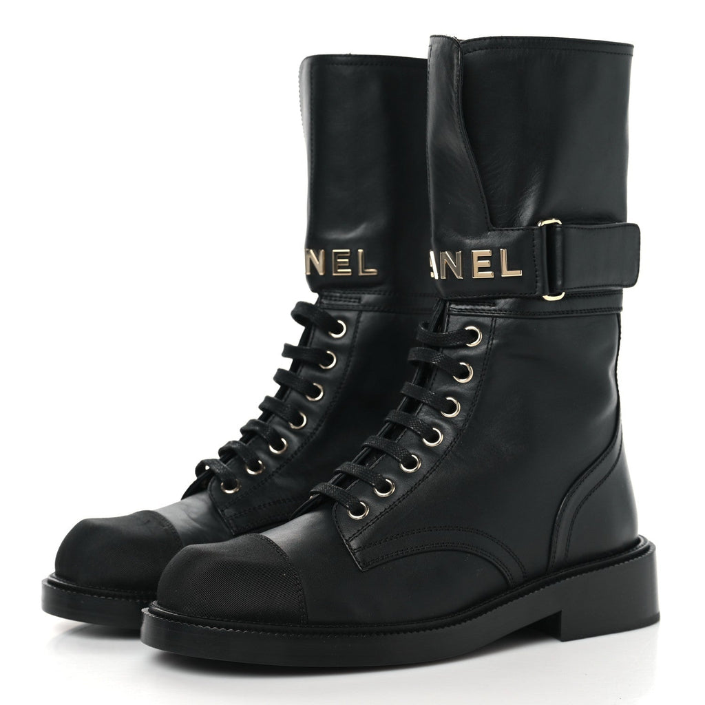 SHINY CALFSKIN GROSGRAIN LACE UP COMBAT BOOTS BLACK