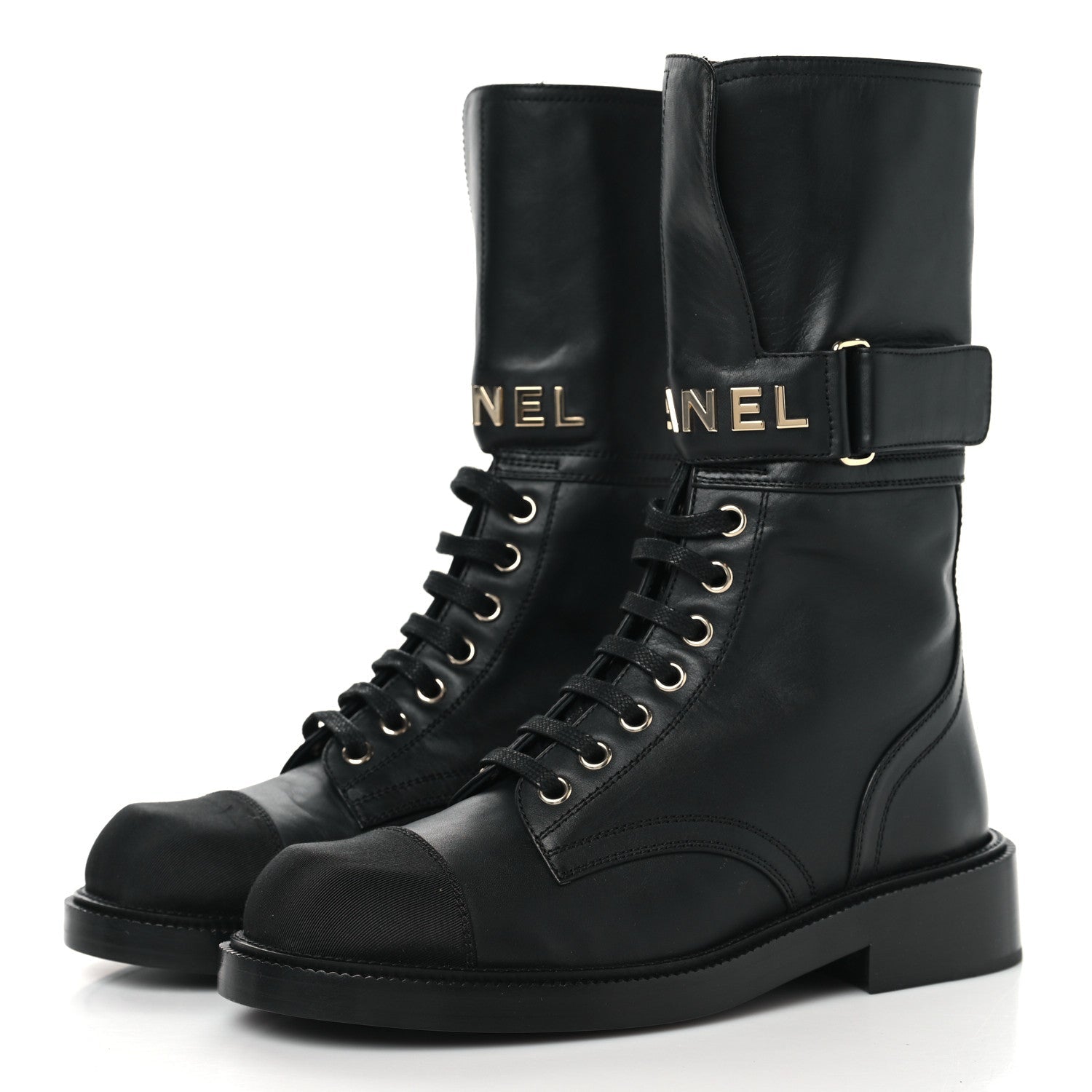 SHINY CALFSKIN GROSGRAIN LACE UP COMBAT BOOTS BLACK