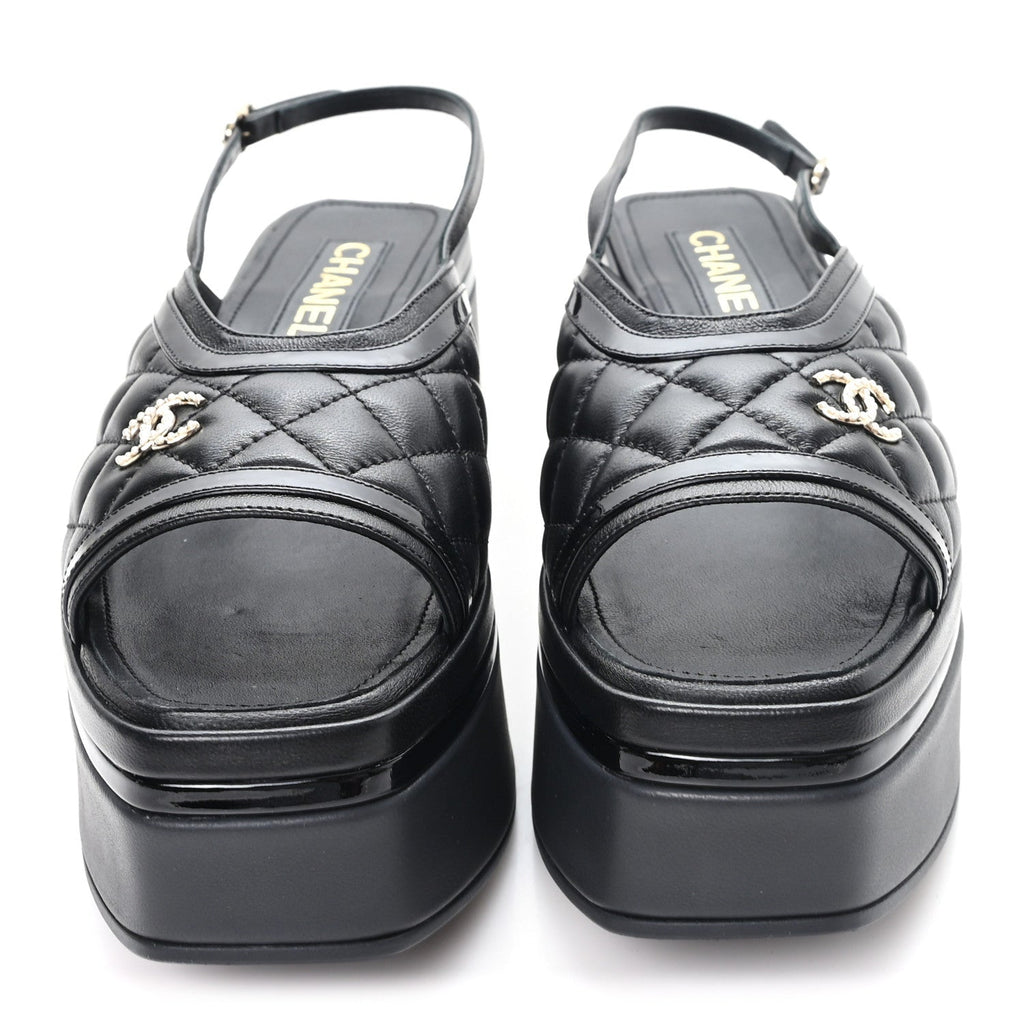 LAMBSKIN PATENT QUILTED CC PLATFORM SANDALS BLACK