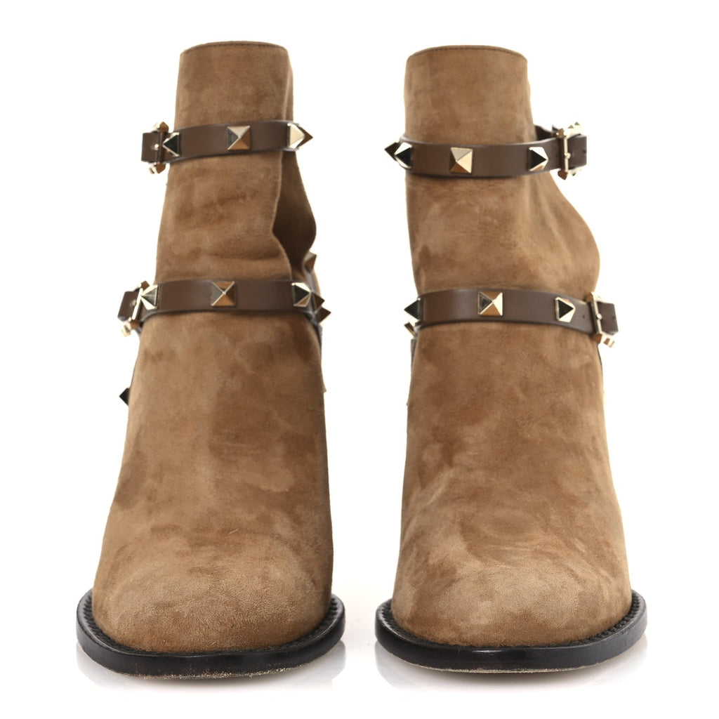SUEDE ROCKSTUD DOUBLE BUCKLE 100MM BLOCK HEEL ANKLE BOOTS NOCCIOLA