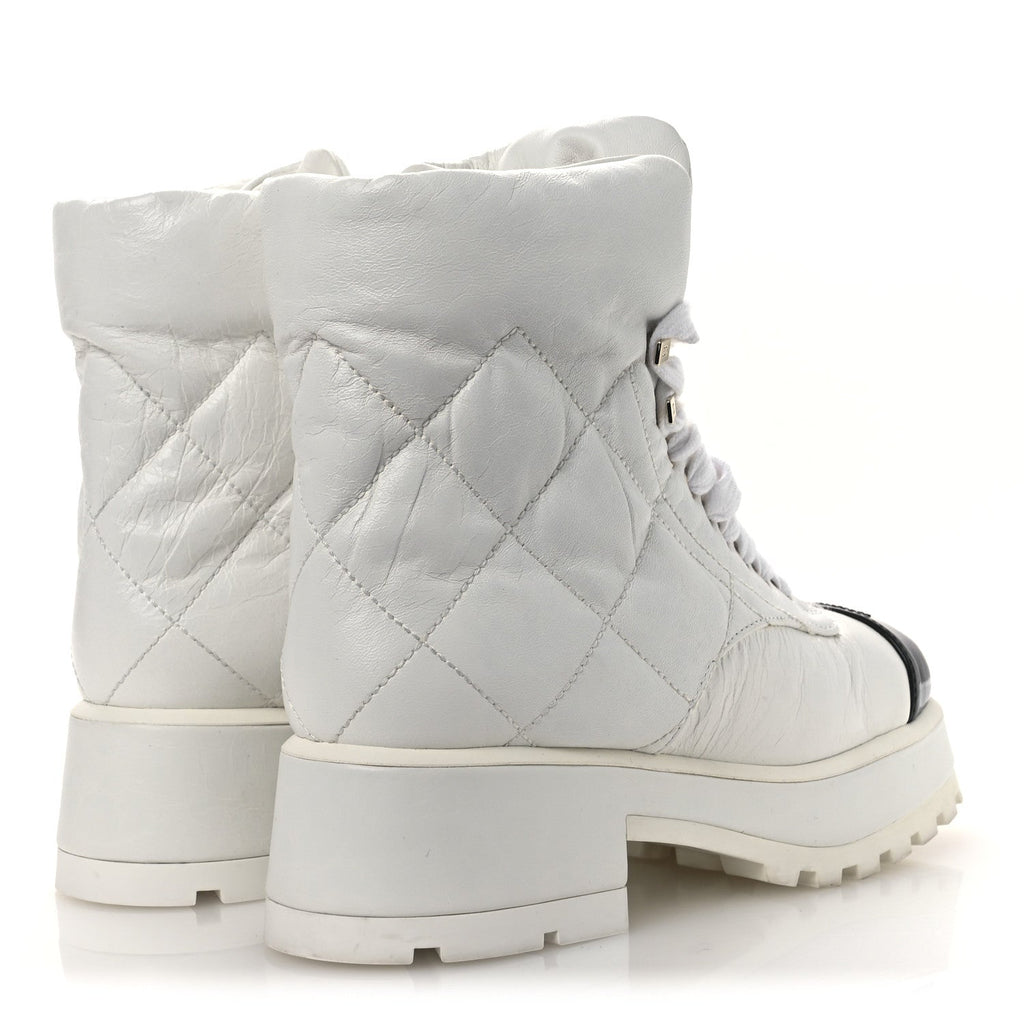 CRUMPLED PATENT LAMBSKIN CALFSKIN QUILTED LACE UP COMBAT BOOTS WHITE BLACK