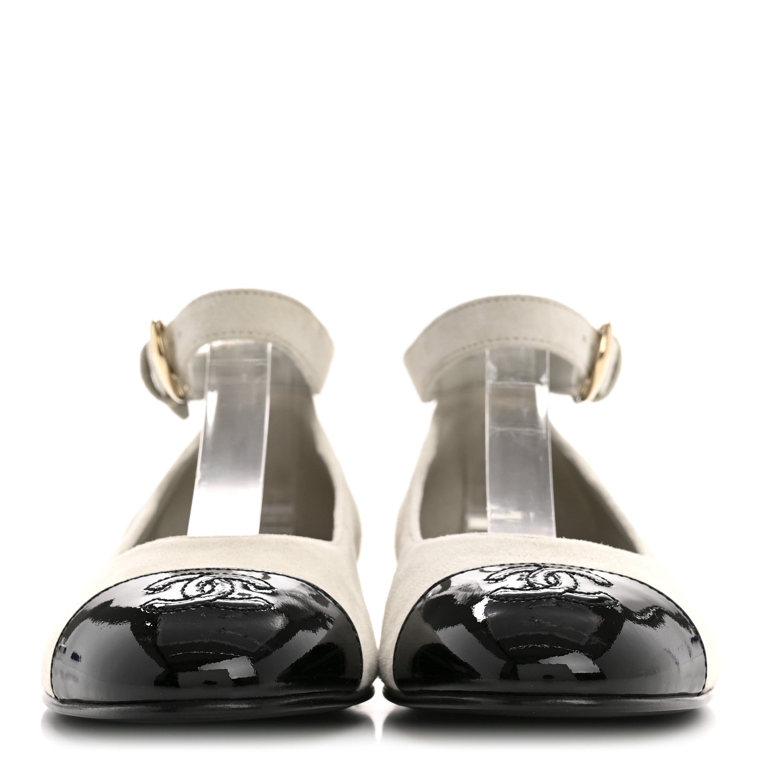 SUEDE CALFSKIN PATENT CALFSKIN CAP TOE CC MARY JANE FLATS LIGHT GRAY BLACK