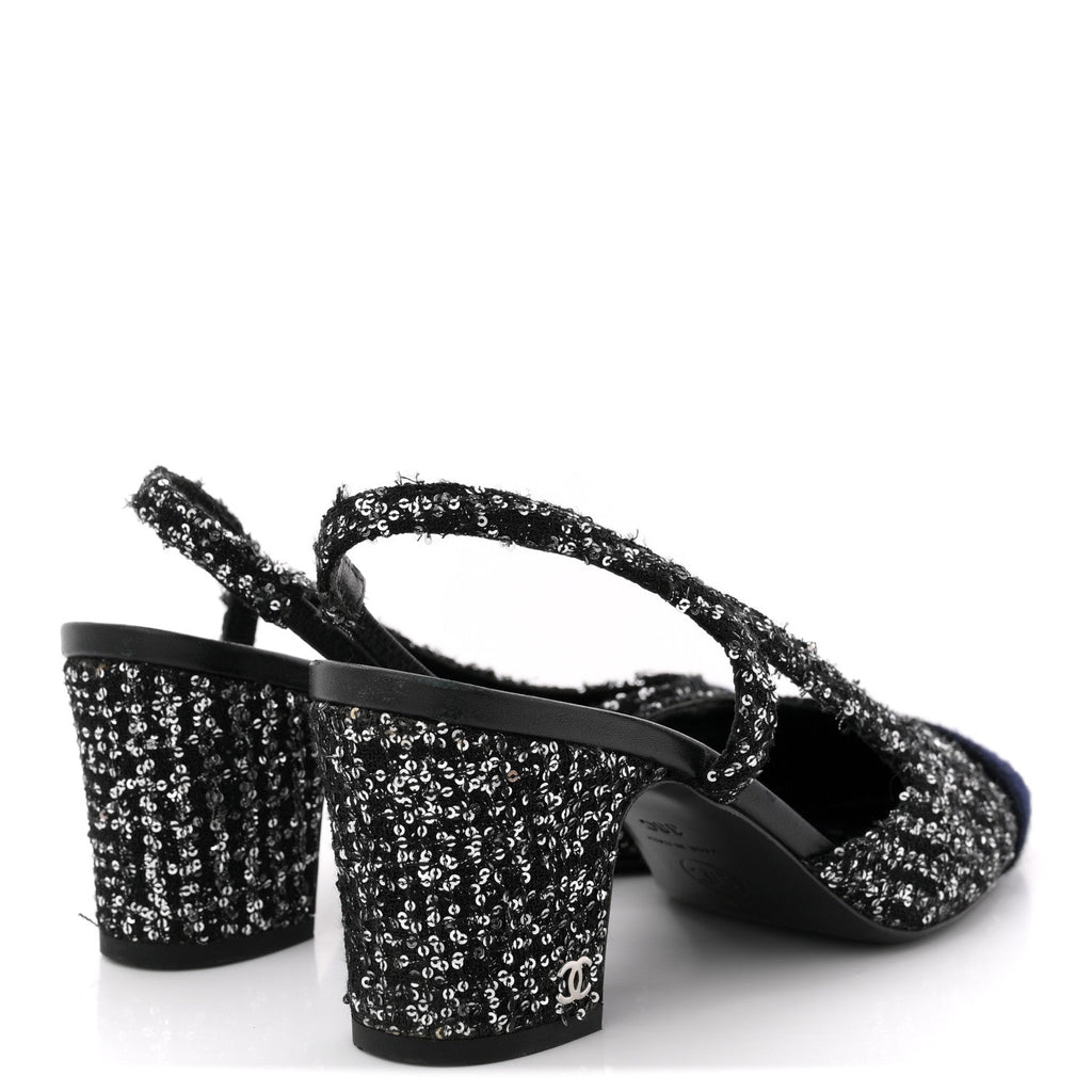 TWEED SEQUIN CAP TOE CC SLINGBACK PUMPS BLACK WHITE SILVER