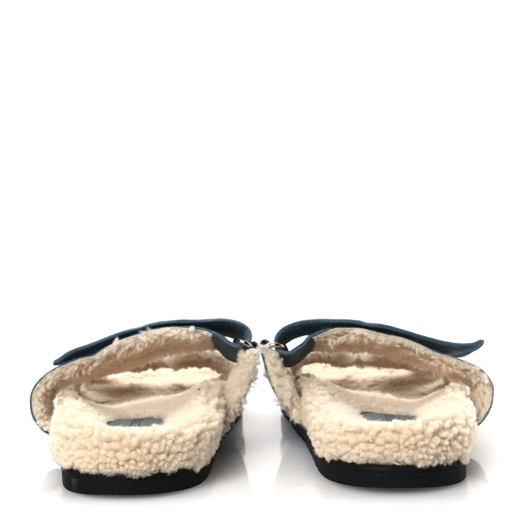 SUEDE GOATSKIN WOOLSKIN WOMENS CHYPRE SANDALS BLEU PINEDE ECRU