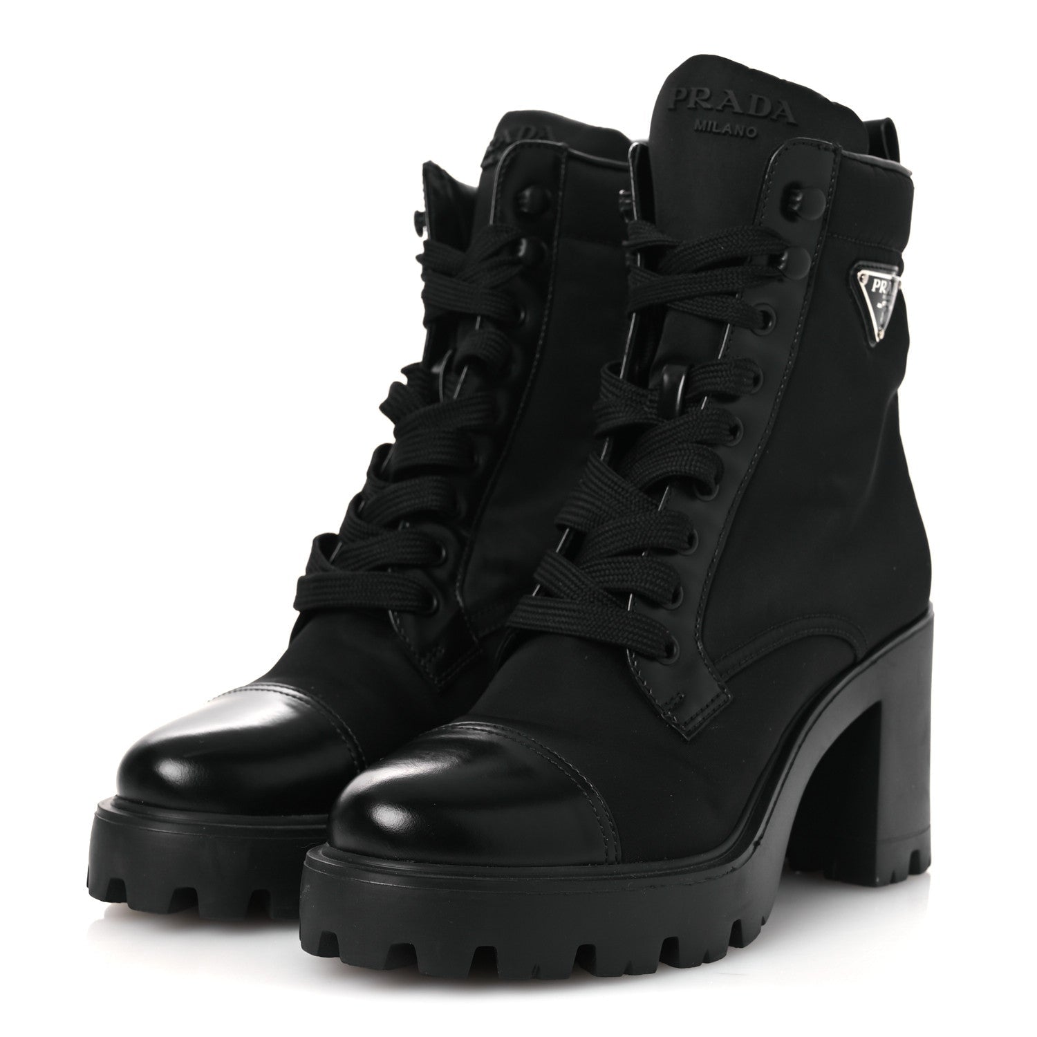 SPAZZOLATO RE-NYLON METAL TRIANGLE LOGO LACE UP 55MM ANKLE BOOTS BLACK