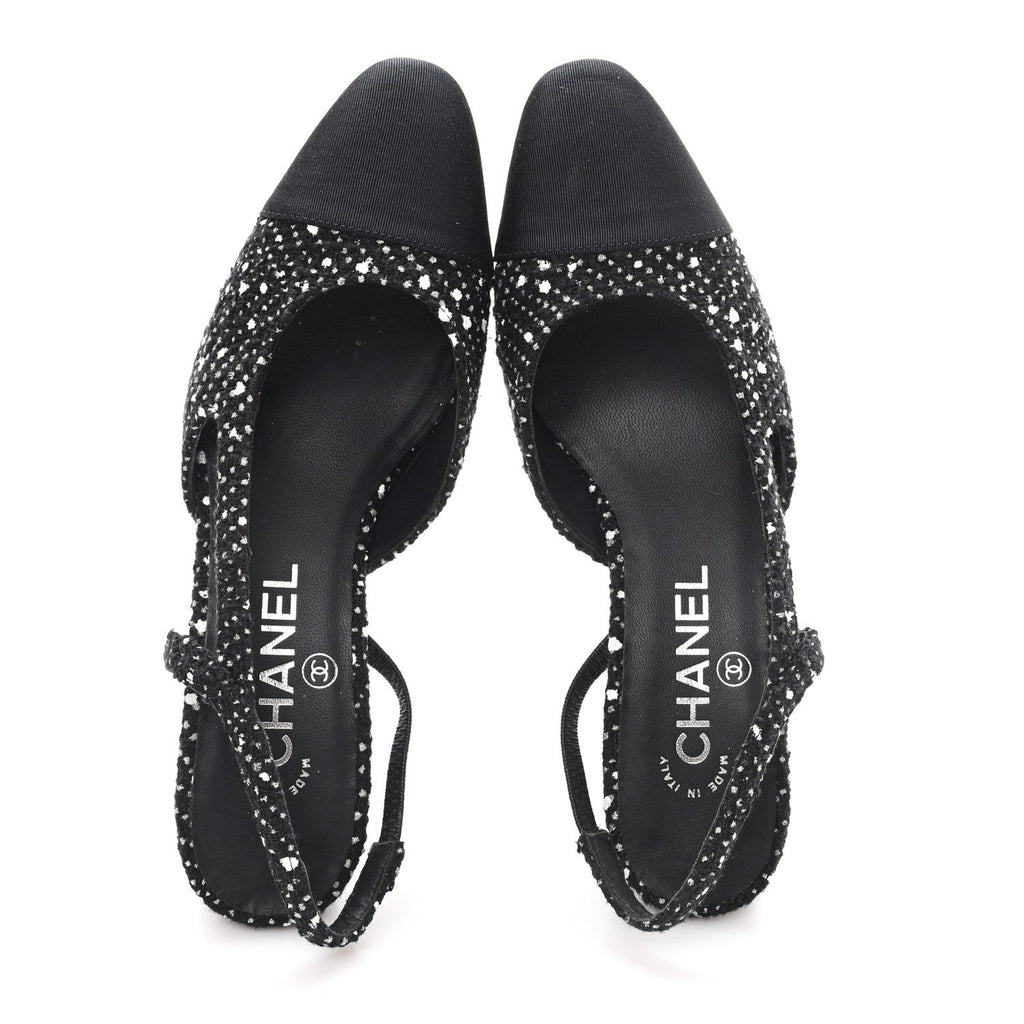 TWEED POLKADOT GROSGRAIN CAP TOE CC SLINGBACK PUMPS BLACK WHITE SILVER