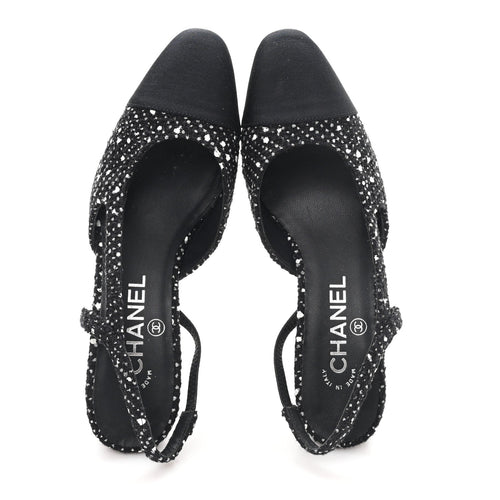 TWEED POLKADOT GROSGRAIN CAP TOE CC SLINGBACK PUMPS BLACK WHITE SILVER
