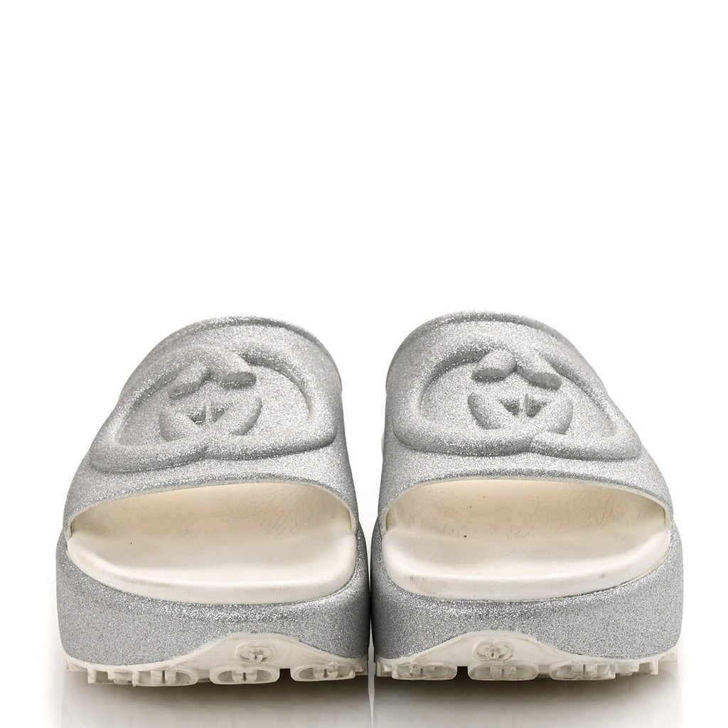 GLITTER RUBBER WOMENS INTERLOCKING G PLATFORM 42MM SLIDE SANDALS SILVER
