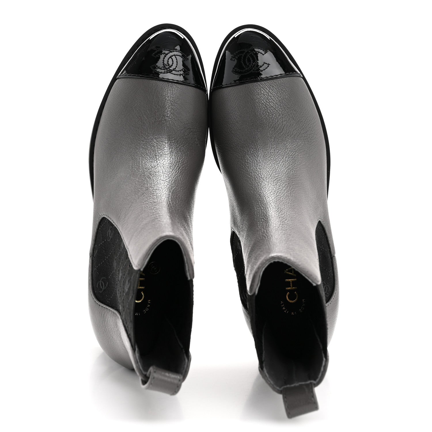 CALFSKIN PATENT CAP TOE CC SHORT BOOTS GREY BLACK