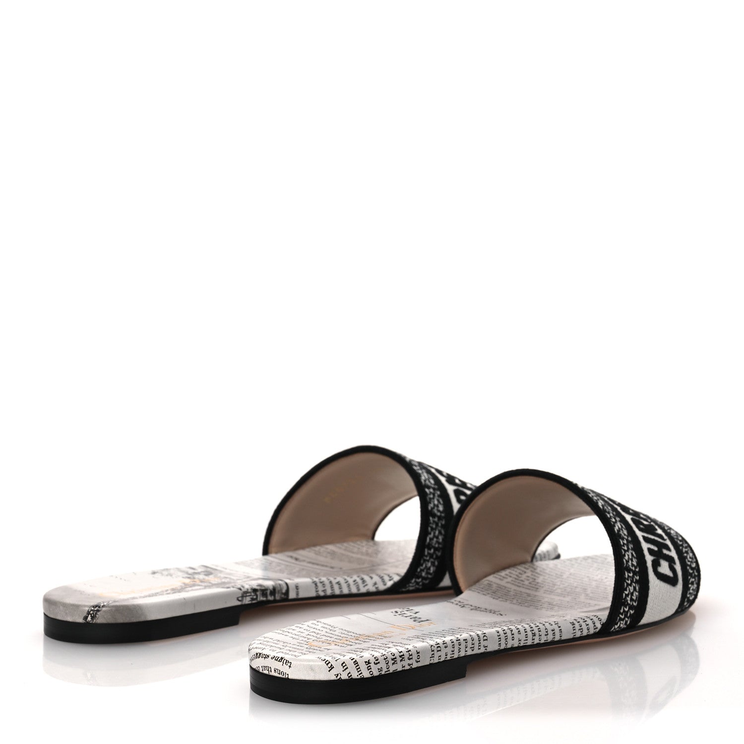 CALFSKIN NEWSPAPER PRINTED EMBROIDERED DWAY FLAT SLIDE SANDALS WHITE