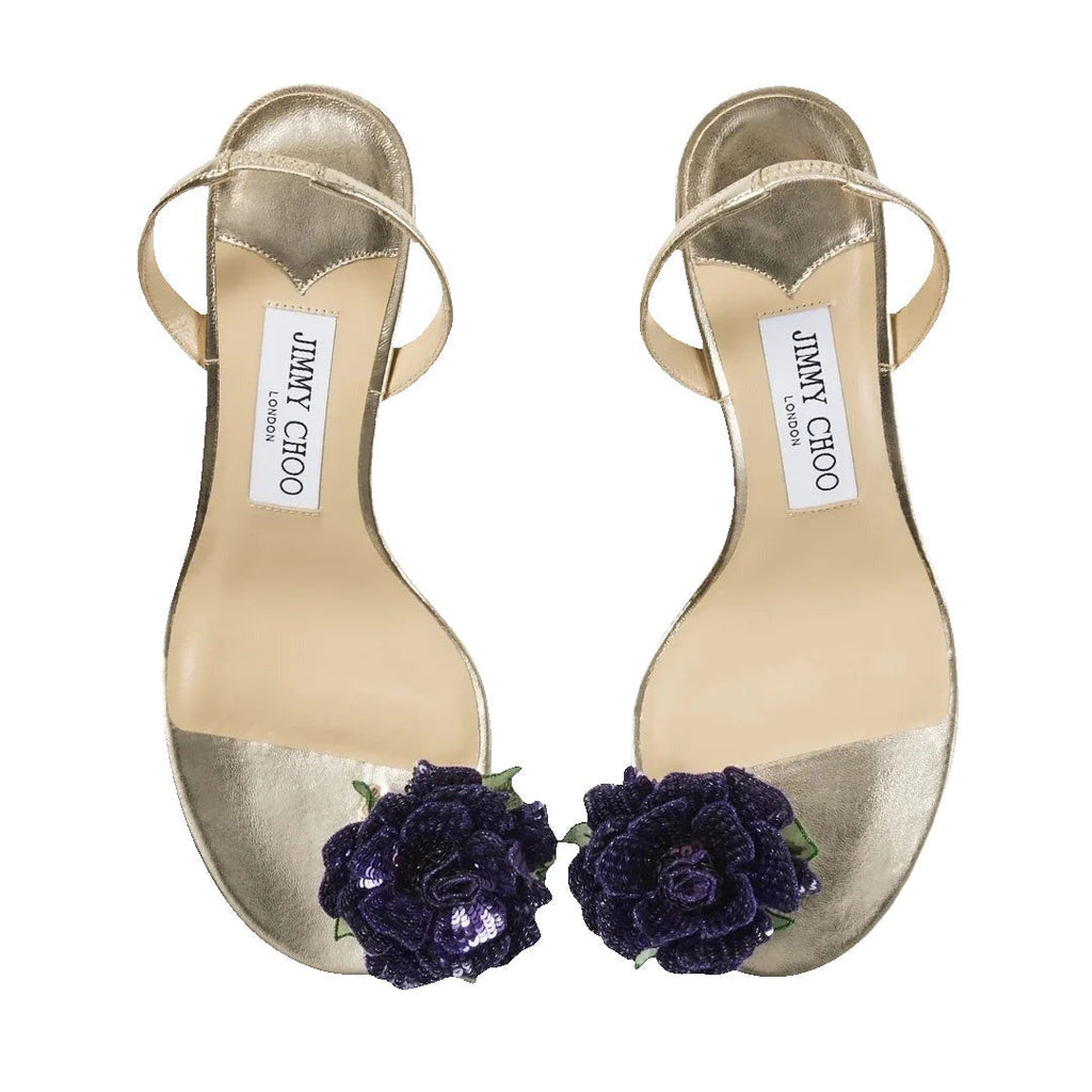 Jimmy Choo 70mm Freja Flower Leather Sandals - Gold/Purple