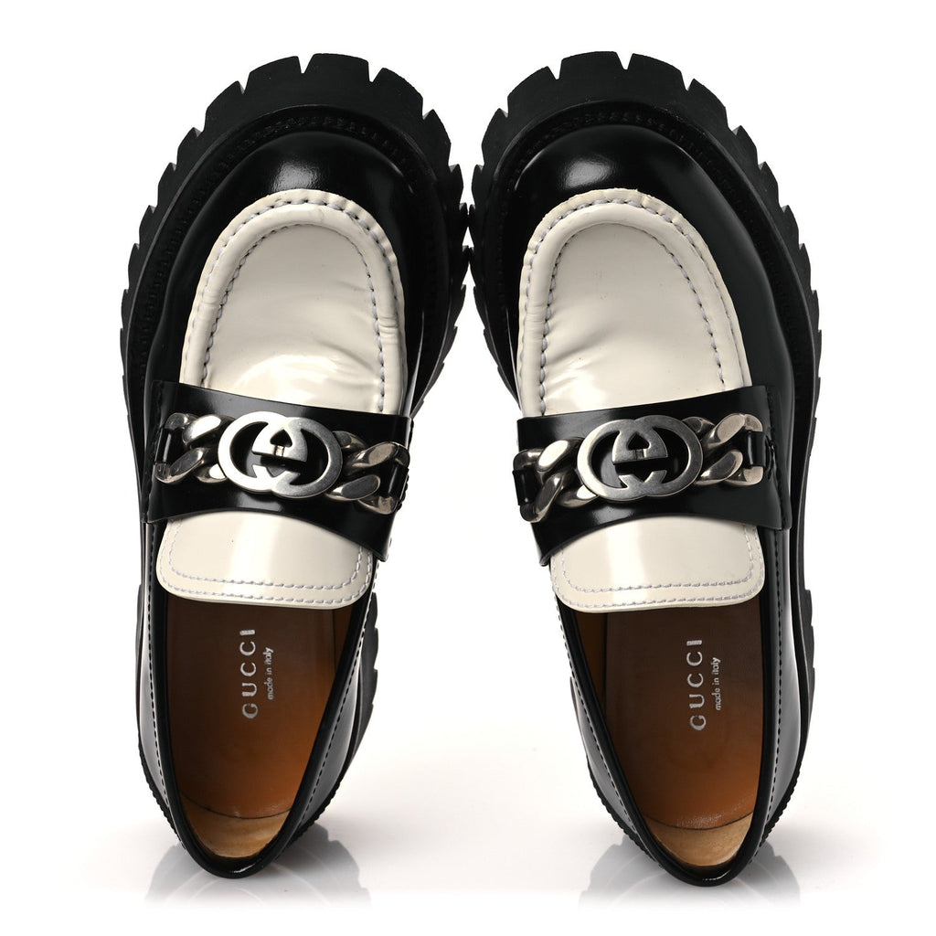 CORDOVAN LUX WOMENS INTERLOCKING G PLATFORM LUG SOLE LOAFERS BLACK OFF WHITE