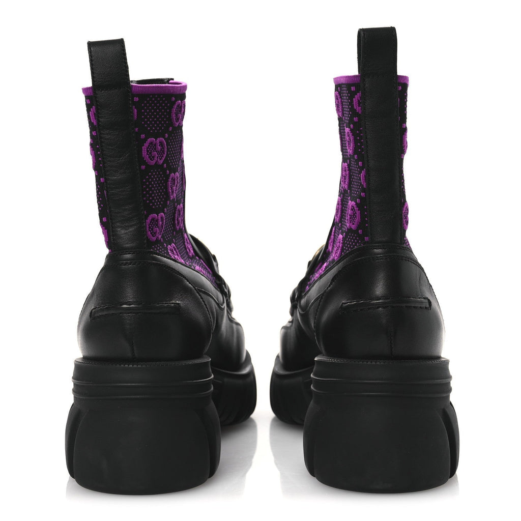QUEBEC CALFSKIN TECHNICAL JERSEY KNIT GG MONOGRAM HORSEBIT ANKLE BOOTS BLACK FUCSIA