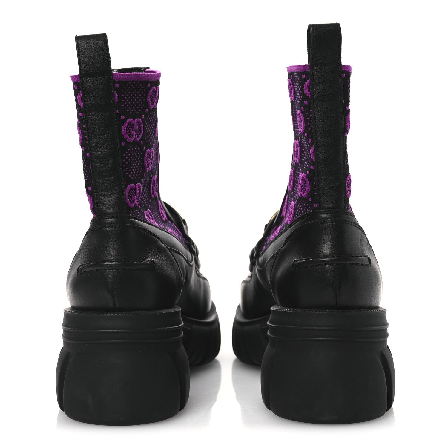 QUEBEC CALFSKIN TECHNICAL JERSEY KNIT GG MONOGRAM HORSEBIT ANKLE BOOTS BLACK FUCSIA