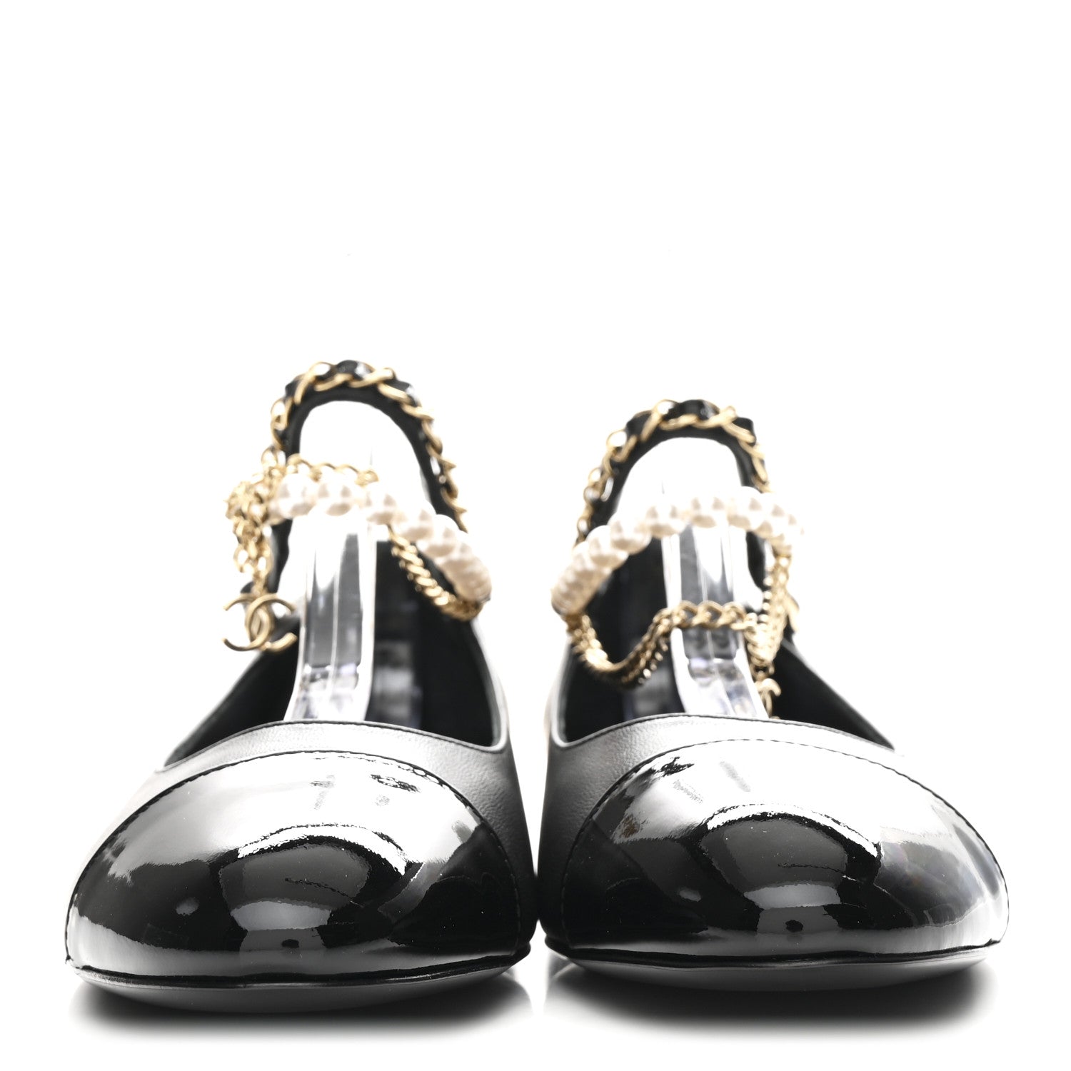 SHINY LAMBSKIN PEARL CAP TOE ANKLE CHAIN BALLERINA FLATS BLACK