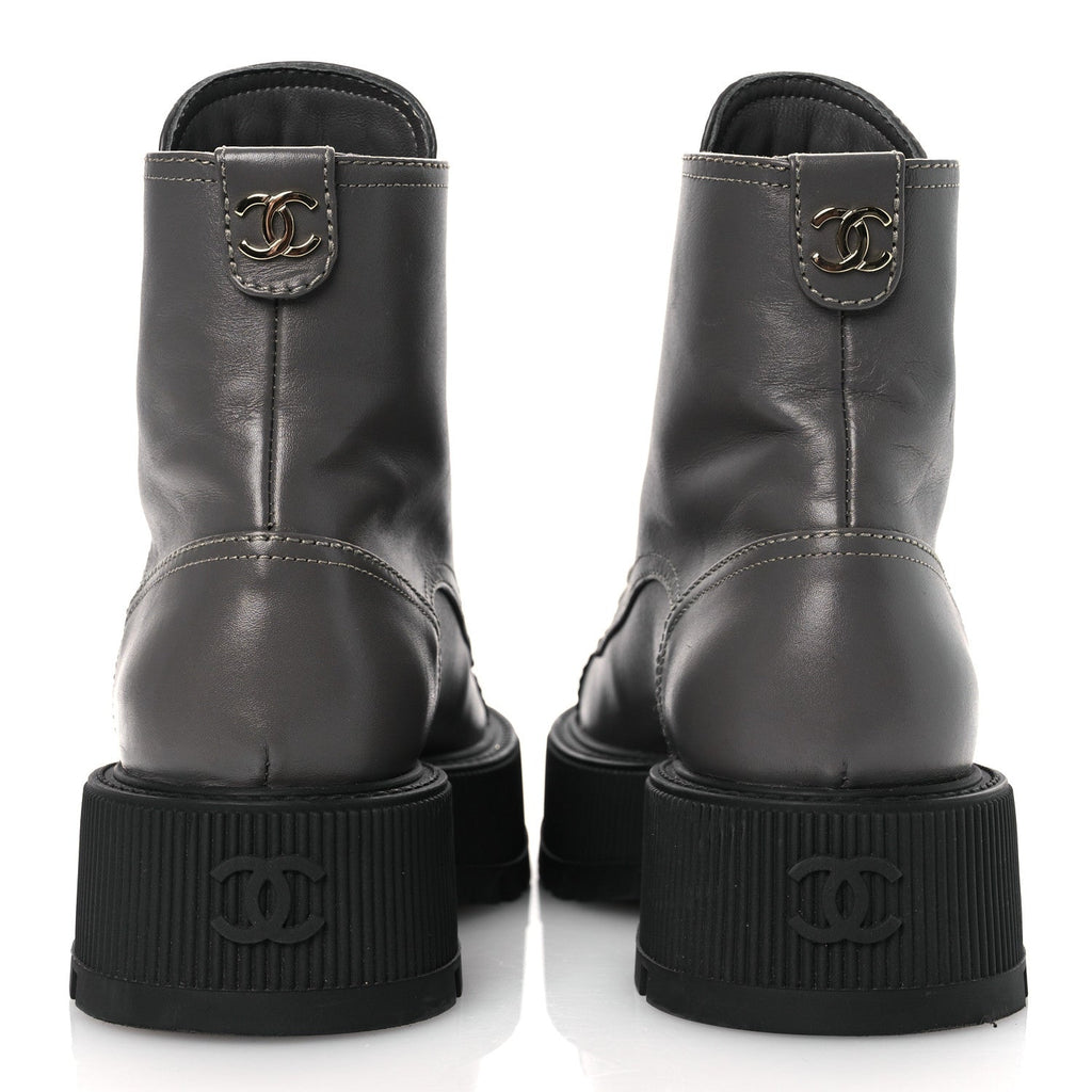 CALFSKIN PATENT CALFSKIN CC LACE UP COMBAT BOOTS GRAY BLACK