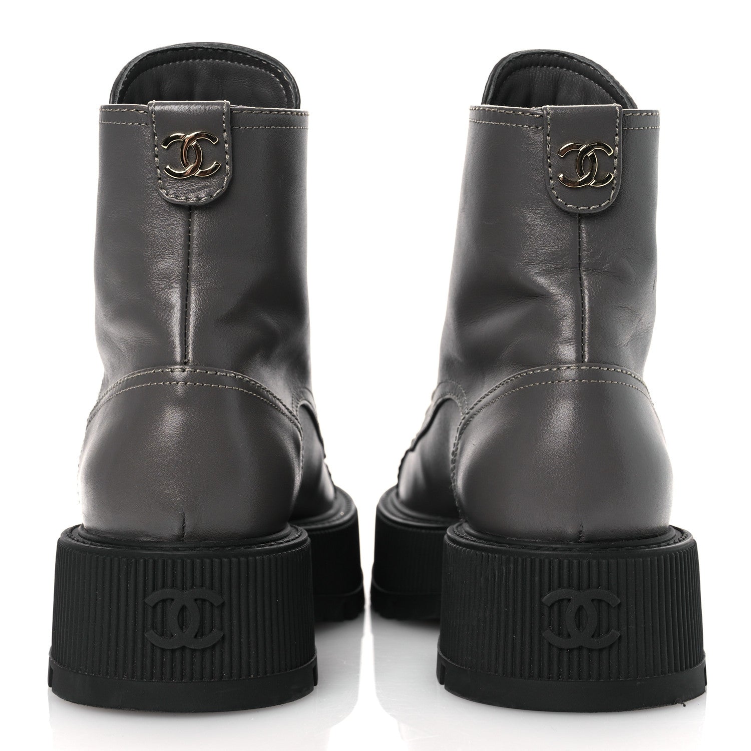 CALFSKIN PATENT CALFSKIN CC LACE UP COMBAT BOOTS GRAY BLACK