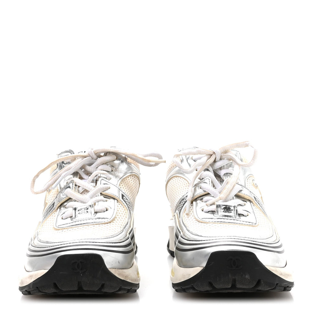 FABRIC LAMINATED CALFSKIN STRETCH CC SNEAKERS WHITE SILVER