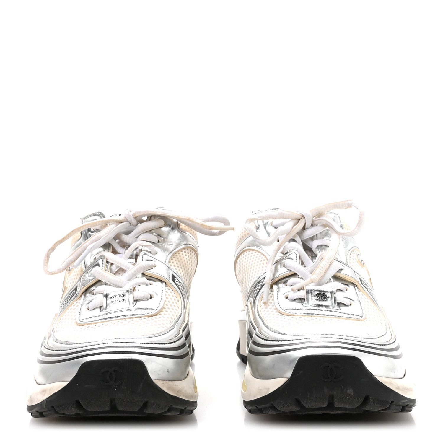 FABRIC LAMINATED CALFSKIN STRETCH CC SNEAKERS WHITE SILVER