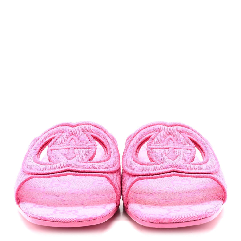 CANVAS INTERLOCKING G WOMENS SLIDE SANDALS BLOSSOM ROSE