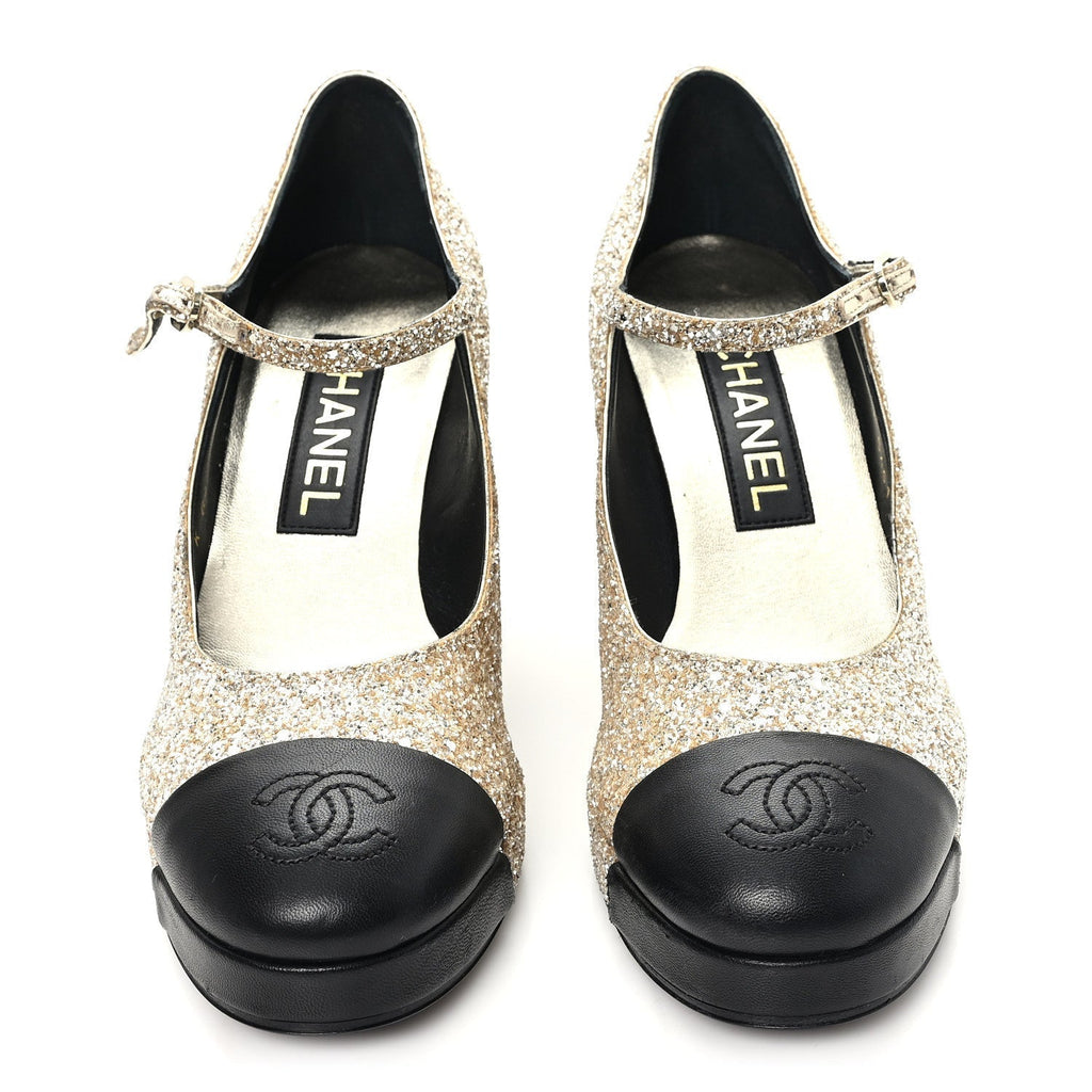 GLITTER LAMBSKIN CAP TOE CC MARY JANE PUMPS LIGHT GOLD BLACK