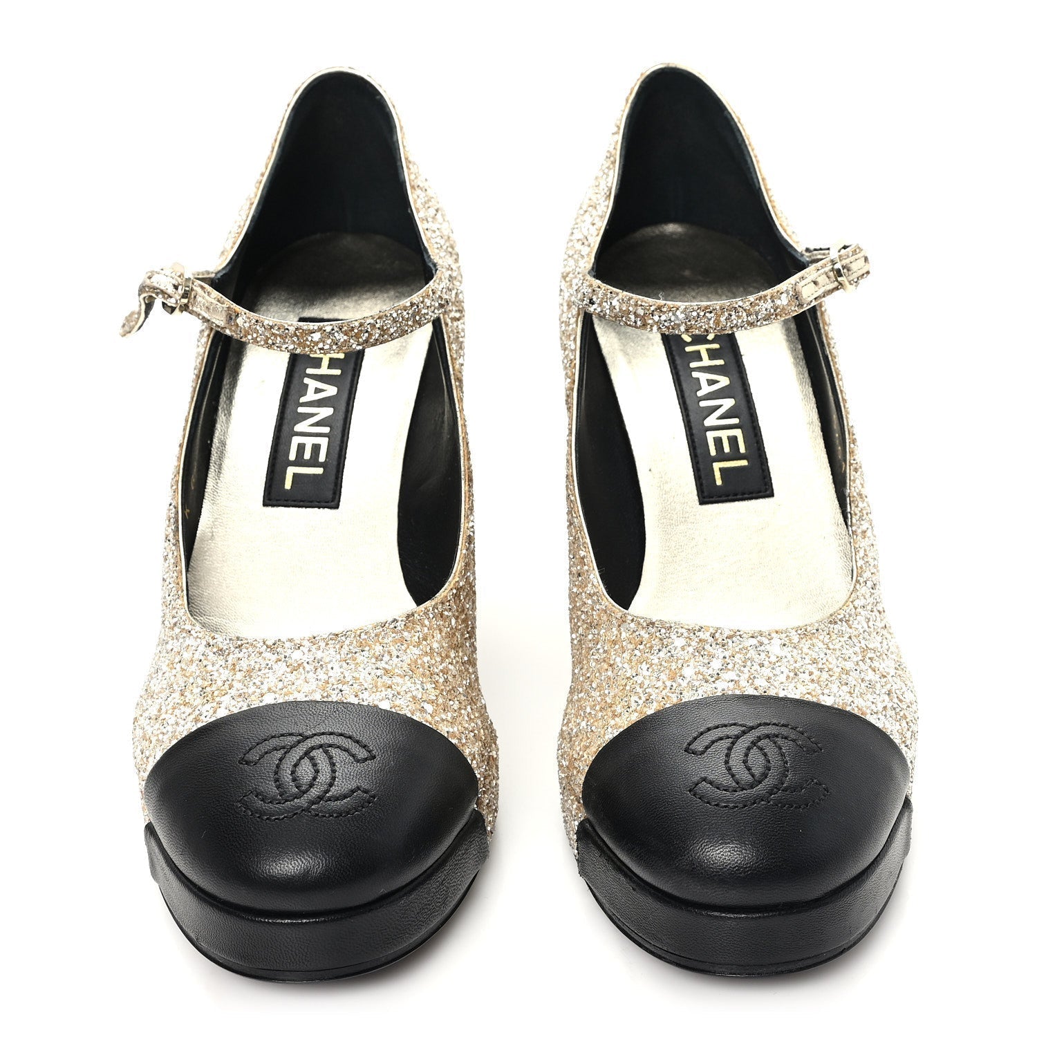 GLITTER LAMBSKIN CAP TOE CC MARY JANE PUMPS LIGHT GOLD BLACK