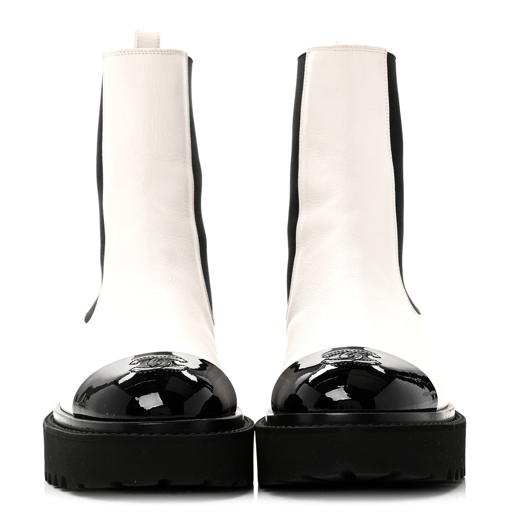 PATENT CALFSKIN CAP TOE CC ANKLE BOOTS WHITE BLACK