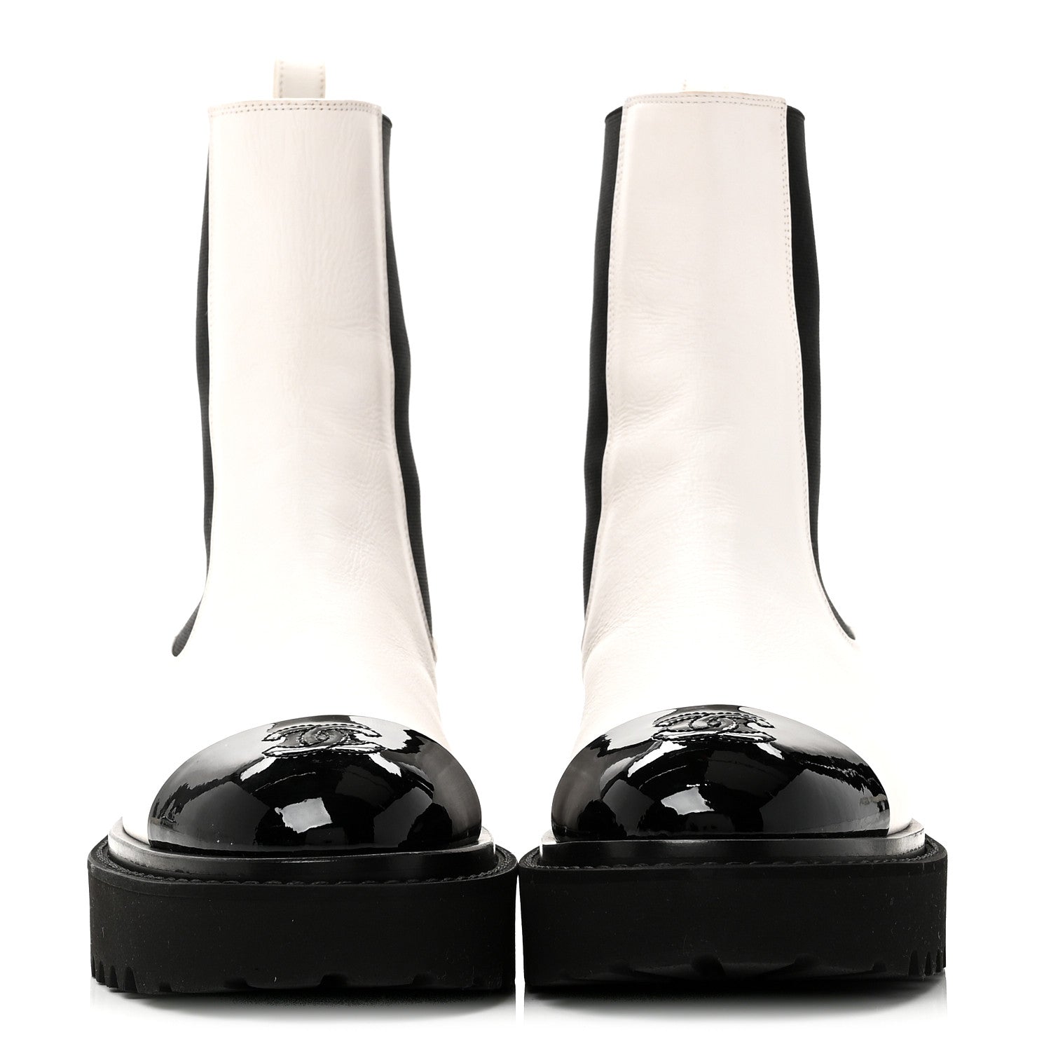PATENT CALFSKIN CAP TOE CC ANKLE BOOTS WHITE BLACK