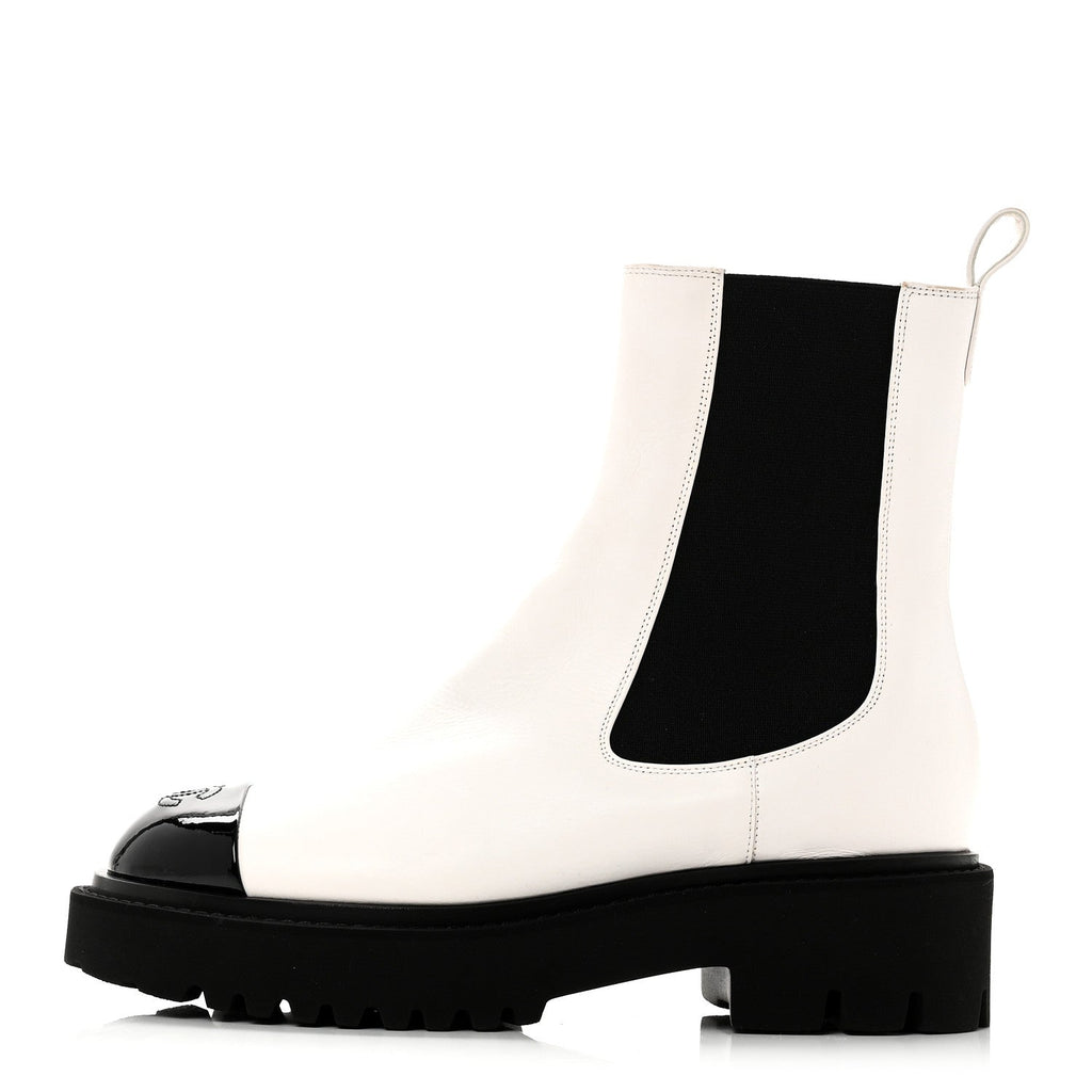 PATENT CALFSKIN CAP TOE CC ANKLE BOOTS WHITE BLACK