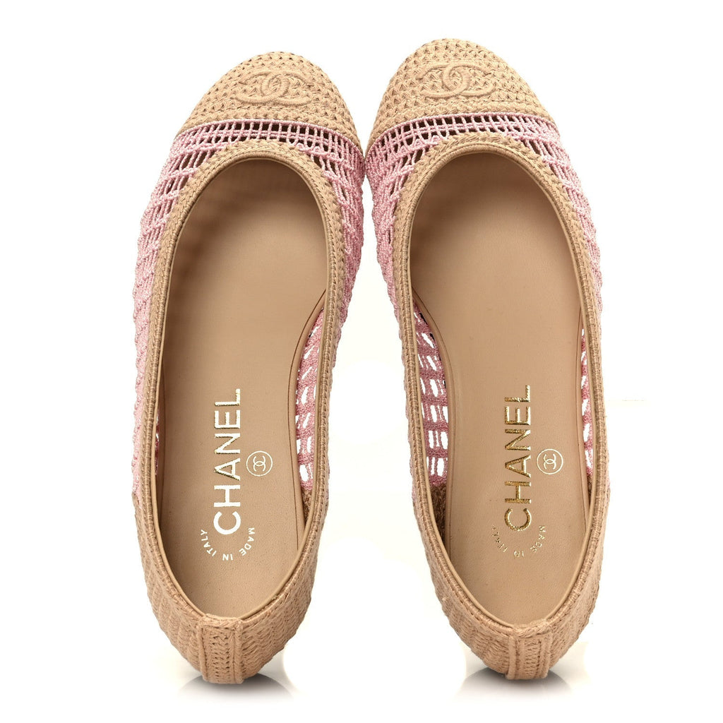 RAFFIA CAP TOE BALLERINA FLATS PINK BEIGE