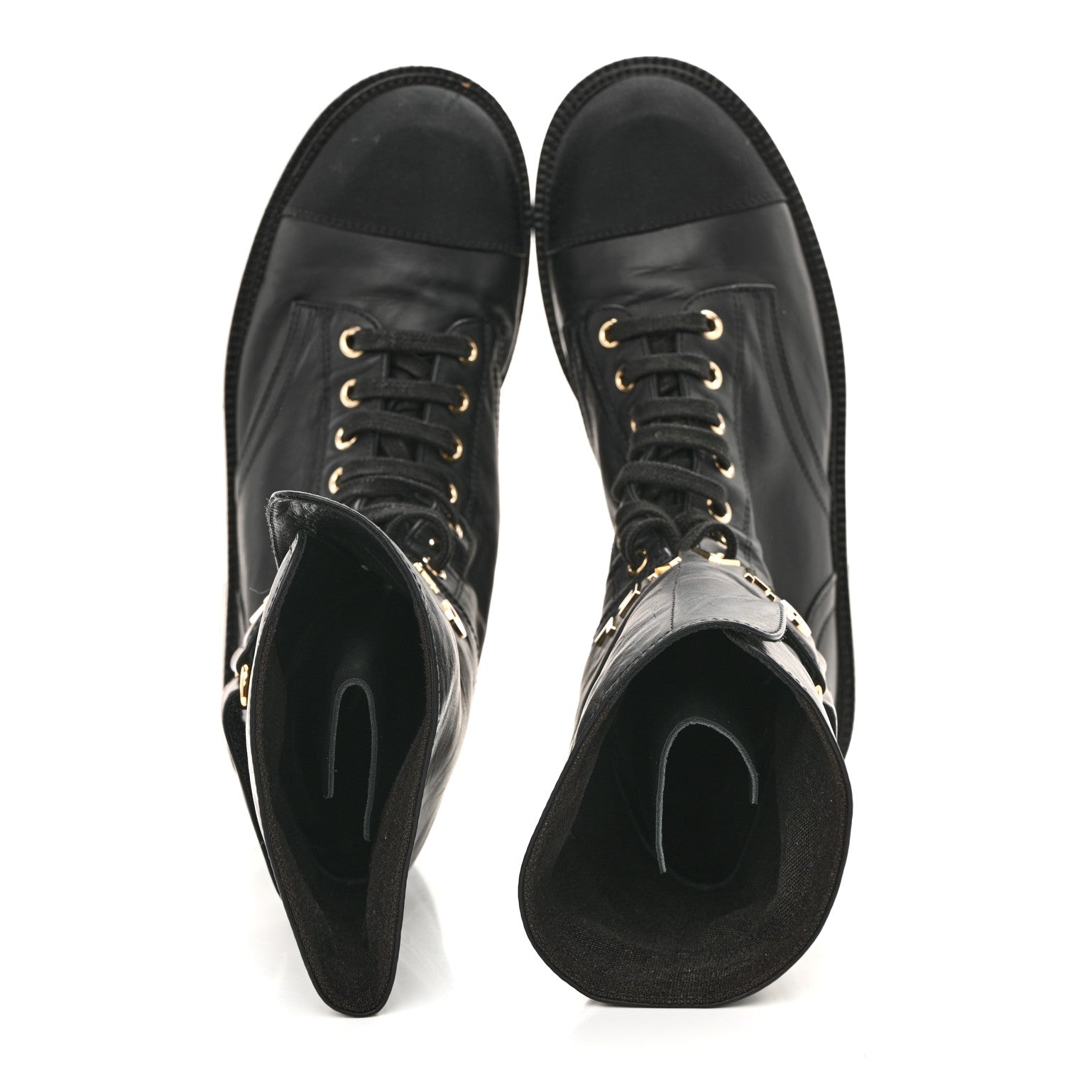 SHINY CALFSKIN LACE UP COMBAT BOOTS BLACK