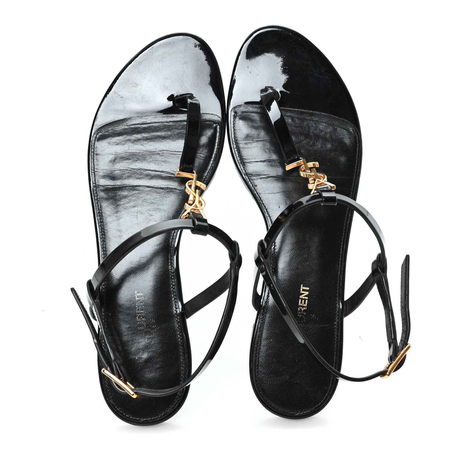 PATENT CALFSKIN CASSANDRA MONOGRAM SANDALS BLACK