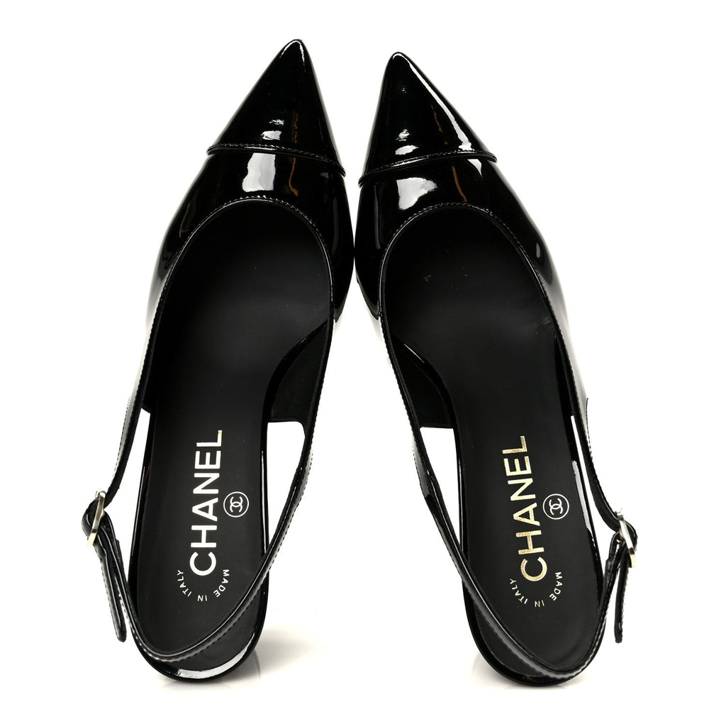 PATENT CALFSKIN CAP TOE CC SLINGBACK PUMPS BLACK