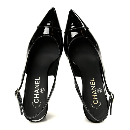 PATENT CALFSKIN CAP TOE CC SLINGBACK PUMPS BLACK