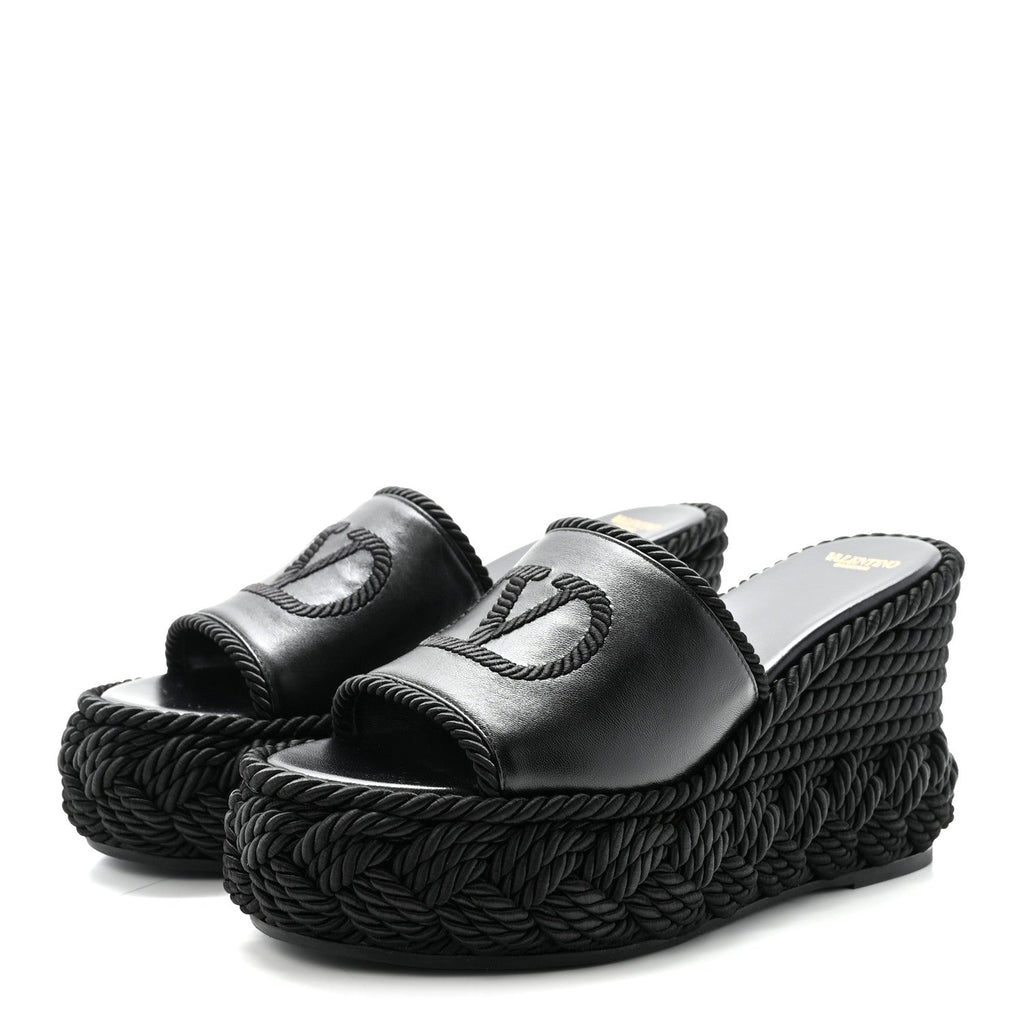CALFSKIN SILK TORCHON VLOGO PLATFORM ESPADRILLE 100 WEDGE SANDALS BLACK