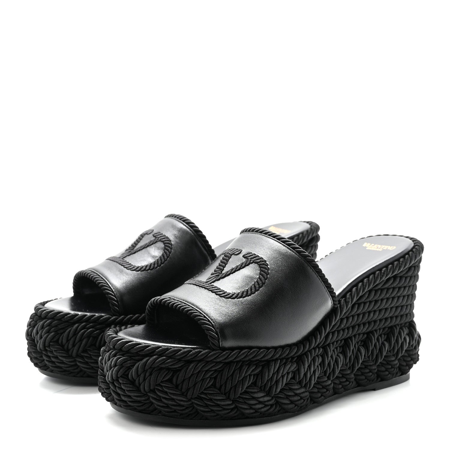 CALFSKIN SILK TORCHON VLOGO PLATFORM ESPADRILLE 100 WEDGE SANDALS BLACK