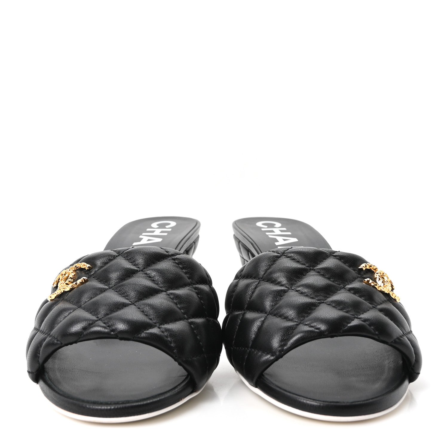LAMBSKIN QUILTED TEXTURED CC MULES BLACK