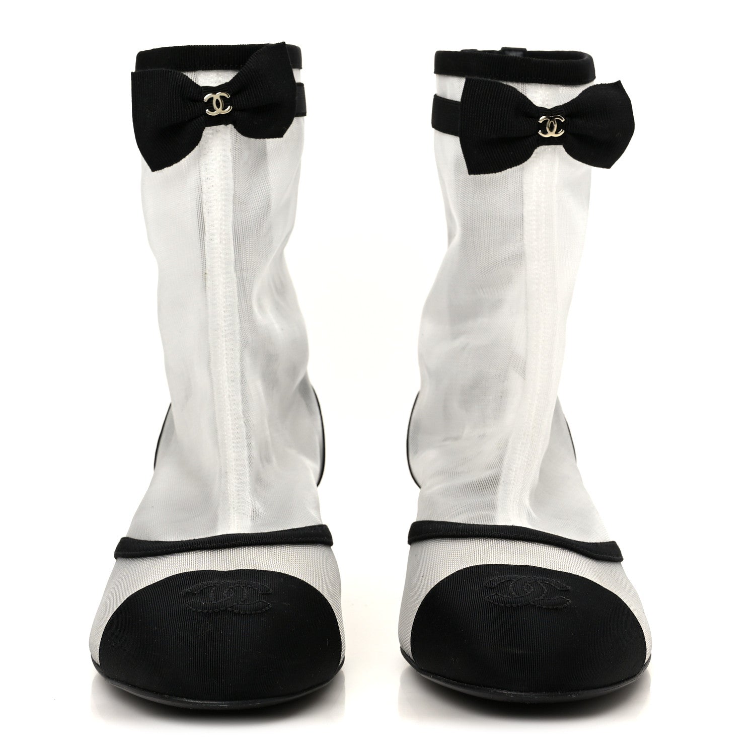 MESH GROSGRAIN CC CAP TOE ANKLE BOOTS WHITE BLACK