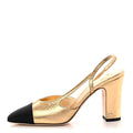 LAMINATED CRUMPLED LAMBSKIN GROSGRAIN CAP TOE CC SLINGBACK PUMPS GOLD BLACK