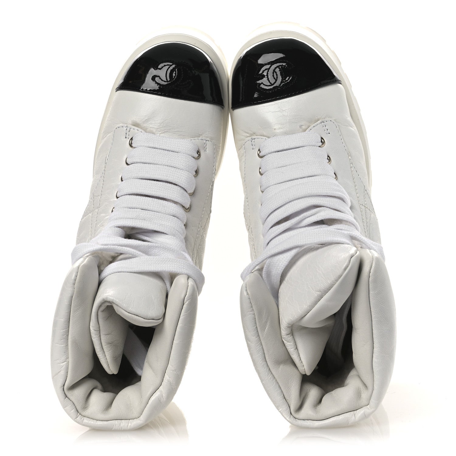 CRUMPLED PATENT LAMBSKIN CALFSKIN QUILTED LACE UP COMBAT BOOTS WHITE BLACK